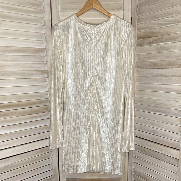 Anna Quan Crinkle Pleated Ivory Cream Long Sleeve Satin Shift Mini Dress 10 - Picture 5 of 8